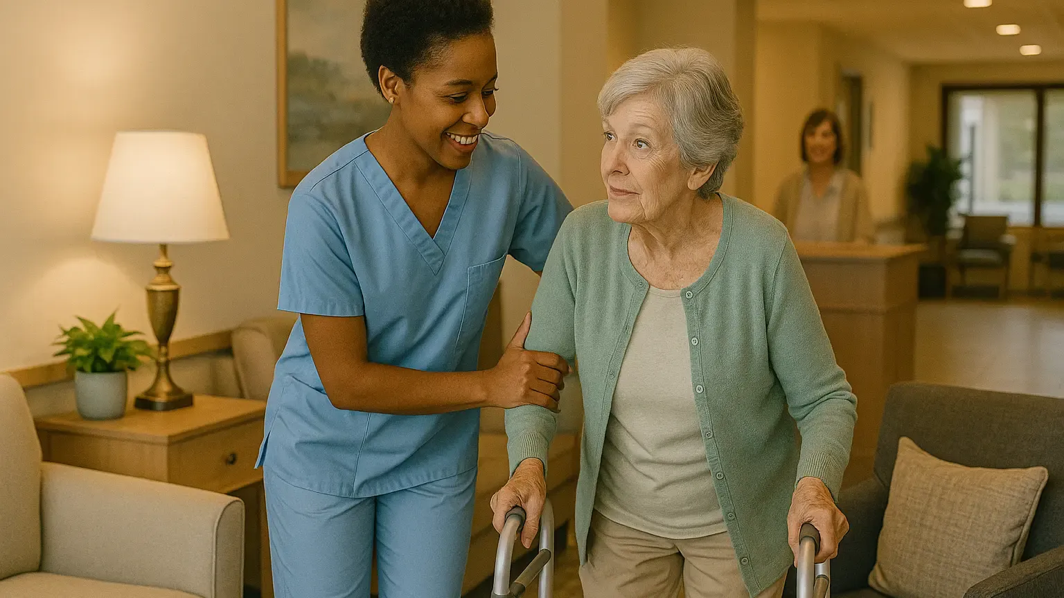 Staff supporting residents during an activity in an assisted living community.